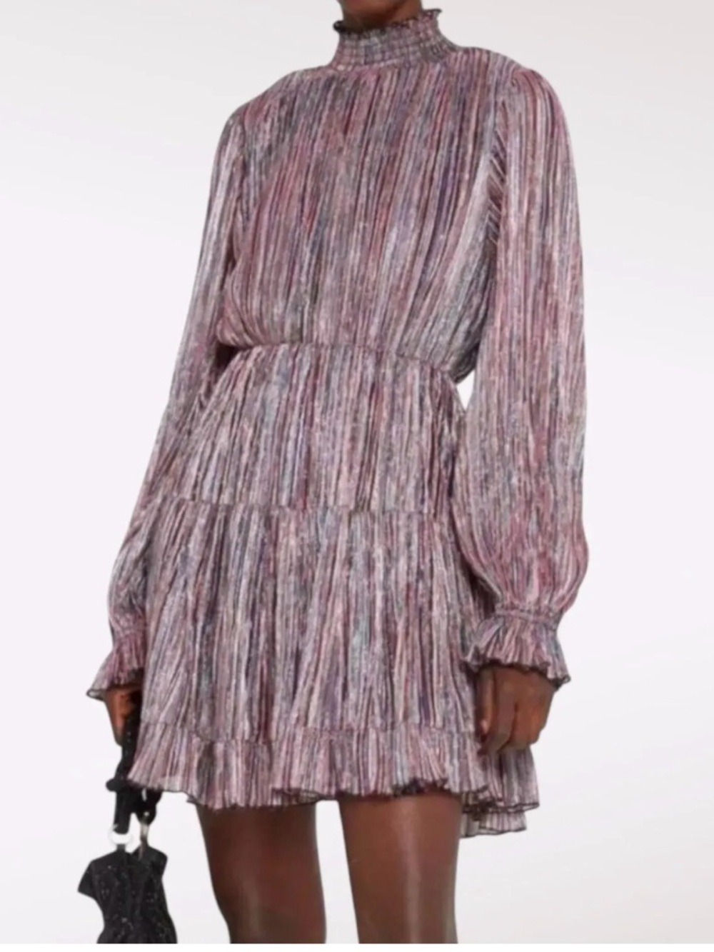 Anthropologie Opt metallic Pleated Long-Sleeve Smocked Neck Mini Dress large